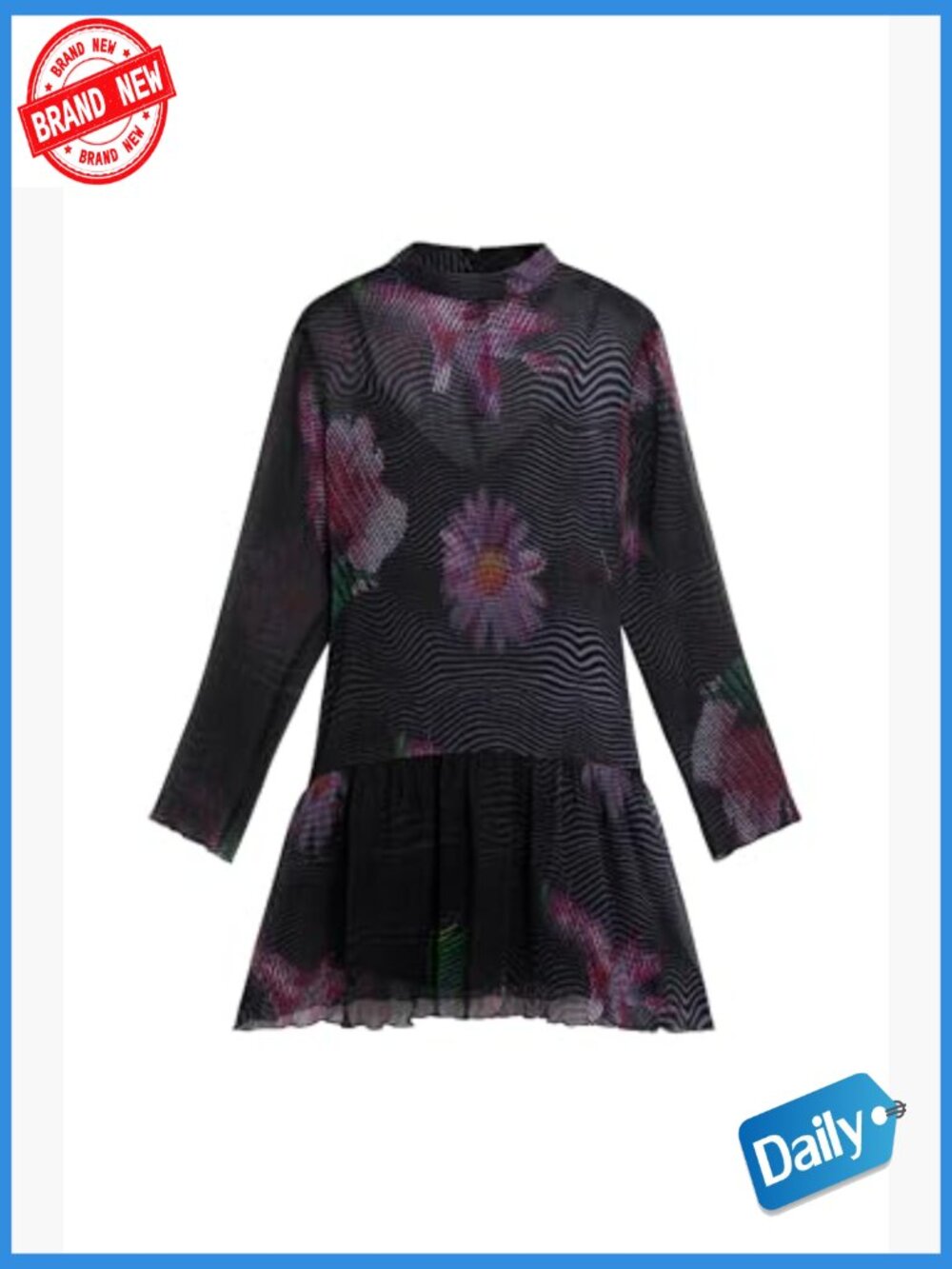 Long Sleeve Midi Dress with Button Front Chevron Pattern Viscose Spring Summer - Picture 5 of 5
